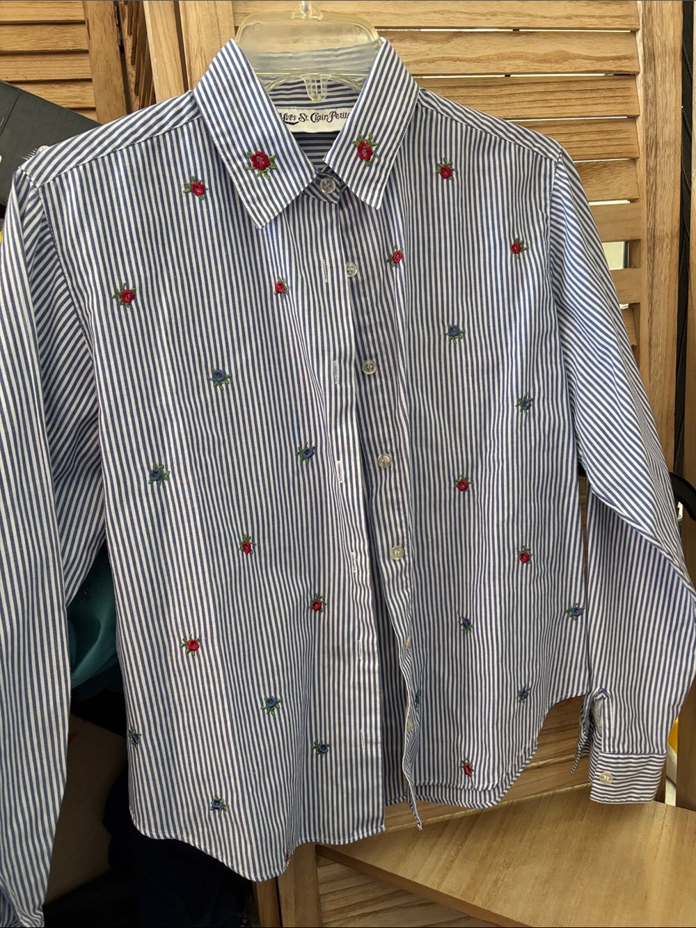 Yves St. Clair Blue and White Striped Embroidered Button-Down Shirt 6P
